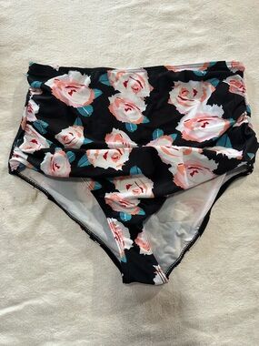 High-Waist Floral Bikini Bottoms - Black & Pink
